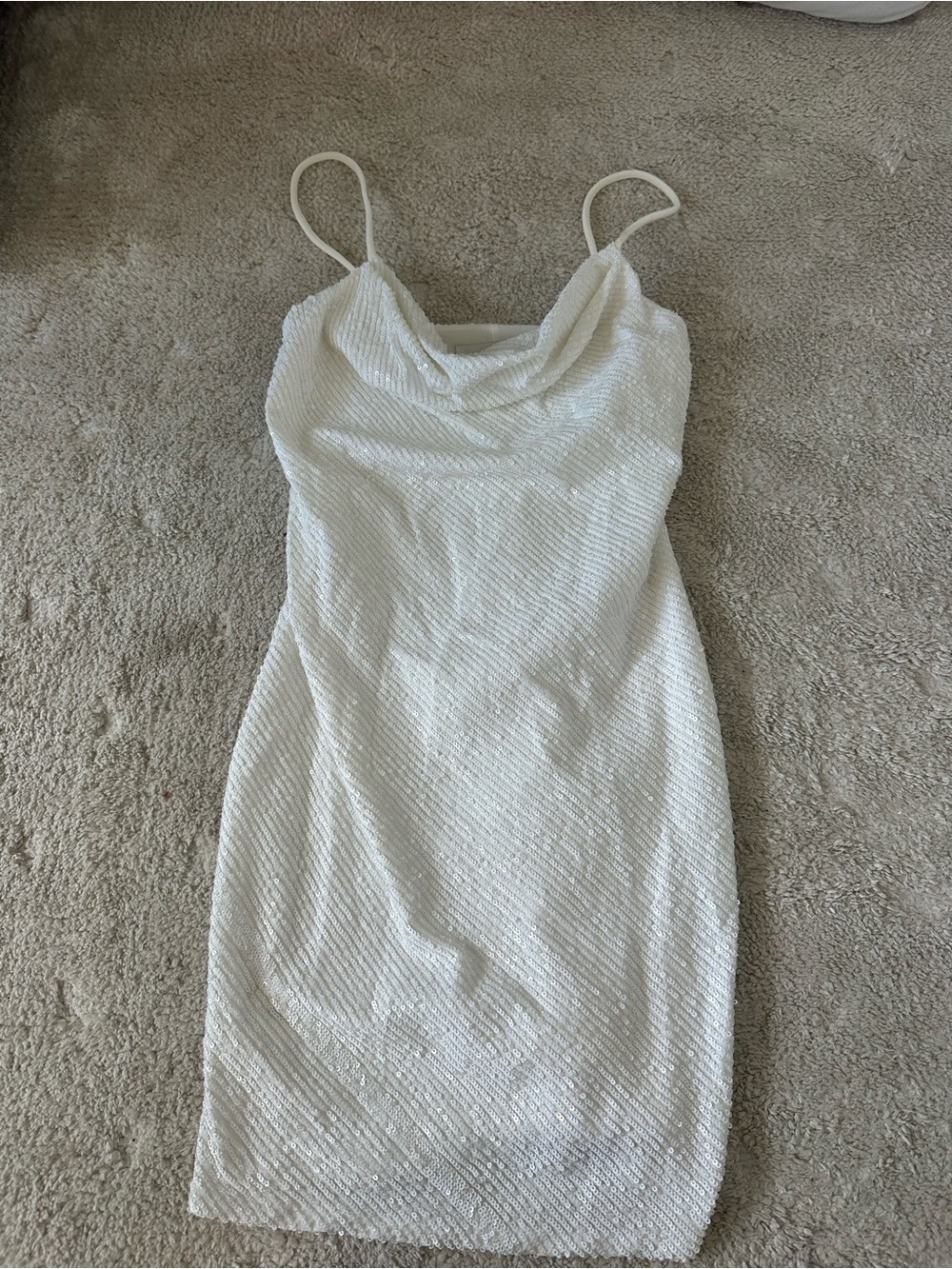 David's Bridal White Sequin Cowl Neck Spaghetti Strap Mini Dress
